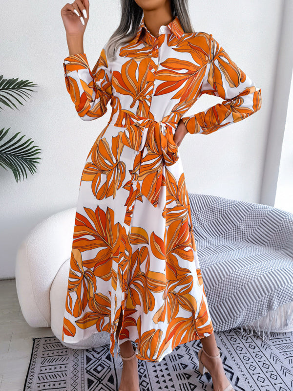 Dress- Abstract Print A-line Tie-Belt Long Shirt Dress with Long Sleeves- Yellow- Pekosa Women Clothing