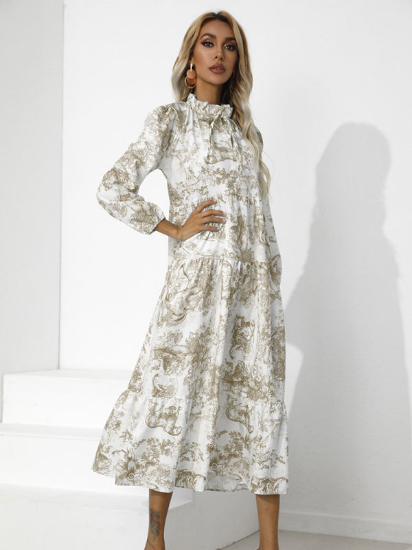 Dress- Autumn Floral Cotton Loose Tiered Sleeve Marxi Dress- - Pekosa Women Clothing