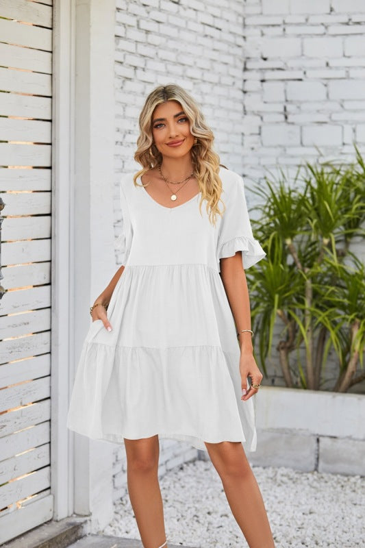 Dress- Casual Solid Flowy Tiered Mini Dress with Pockets- White- Pekosa Women Clothing