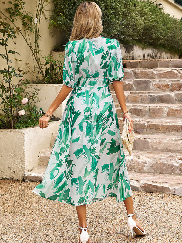 Dress- Colorful Elegant Smocked Waist Puff Sleeve Midi Dress- - Pekosa Women Clothing