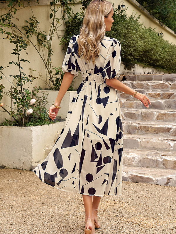 Dress- Colorful Elegant Smocked Waist Puff Sleeve Midi Dress- - Pekosa Women Clothing