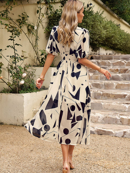Dress- Colorful Elegant Smocked Waist Puff Sleeve Midi Dress- - Pekosa Women Clothing