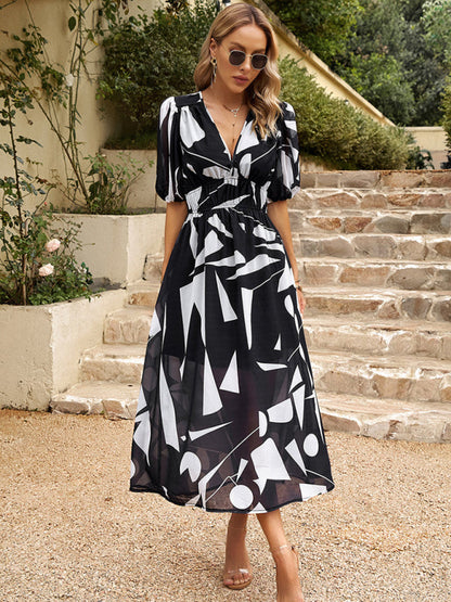 Dress- Colorful Elegant Smocked Waist Puff Sleeve Midi Dress- - Pekosa Women Clothing