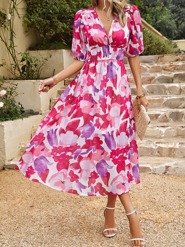 Dress- Colorful Elegant Smocked Waist Puff Sleeve Midi Dress- - Pekosa Women Clothing