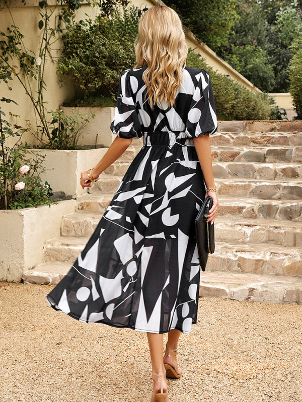 Dress- Colorful Elegant Smocked Waist Puff Sleeve Midi Dress- - Pekosa Women Clothing