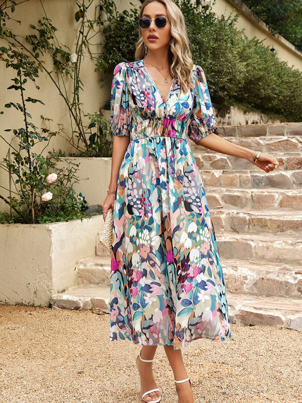 Dress- Colorful Elegant Smocked Waist Puff Sleeve Midi Dress- - Pekosa Women Clothing