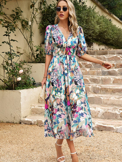 Dress- Colorful Elegant Smocked Waist Puff Sleeve Midi Dress- - Pekosa Women Clothing