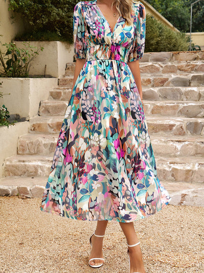 Dress- Colorful Elegant Smocked Waist Puff Sleeve Midi Dress- - Pekosa Women Clothing
