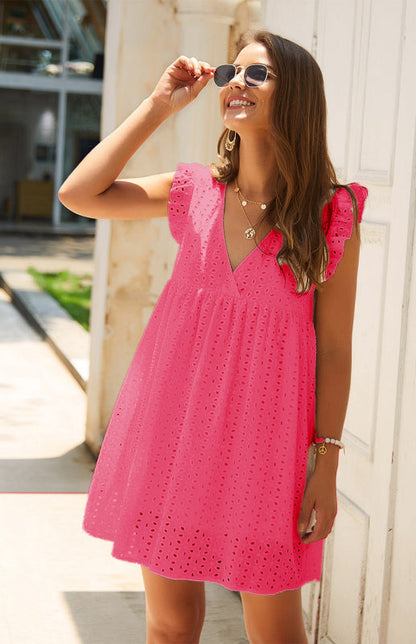 Dress- Cotton Eyelet V-neck Vacay Mini Dress- - Pekosa Women Clothing