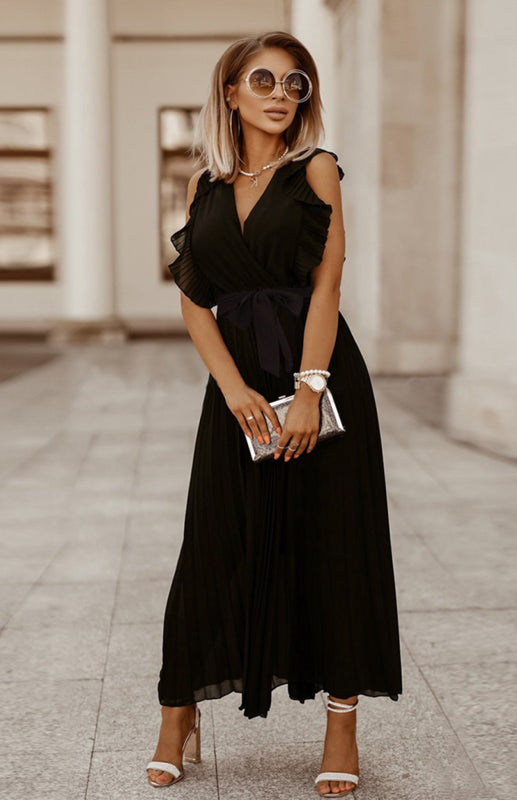 Dress- Elegant Pleated V Neck Waist Tie Maxi Dress- - Pekosa Women Clothing