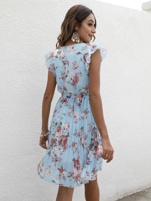 Dress- Floral A-Line Pleated Belted Flared Dress- - Pekosa Women Clothing