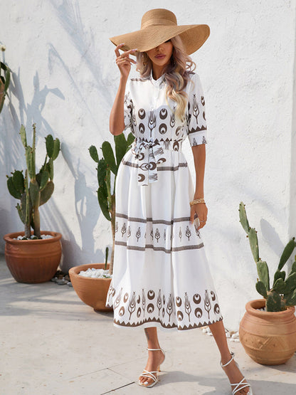 Dress- Geometric Print Belt Tie Flat Collar Midi Dress- - Pekosa Women Clothing