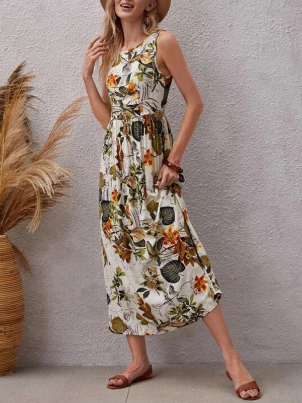 Dress- Leafy Floral Crew Neck Fit and Flare Tank Midi Dress- - Pekosa Women Clothing