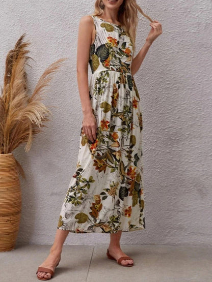 Dress- Leafy Floral Crew Neck Fit and Flare Tank Midi Dress- - Pekosa Women Clothing