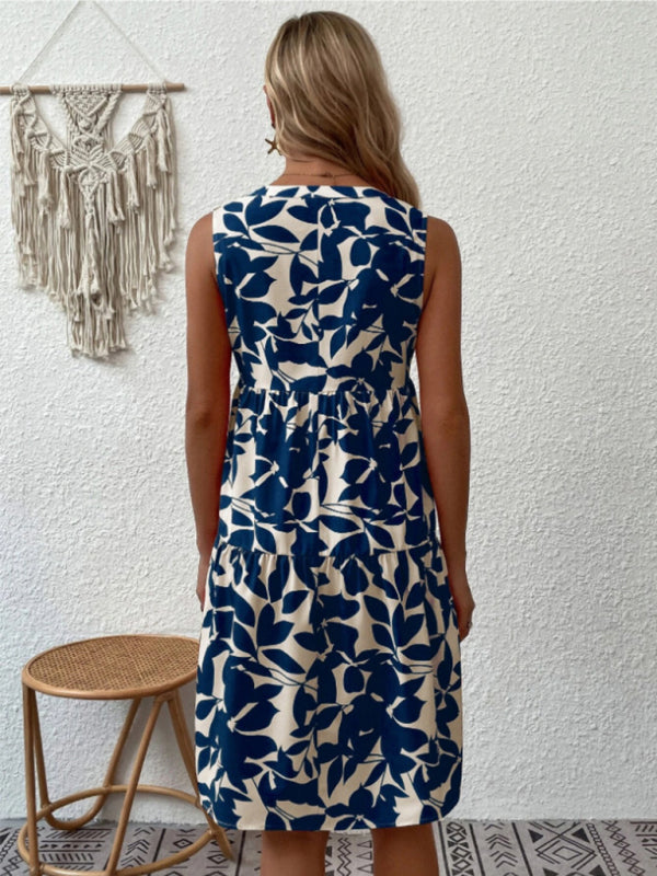 Dress- Leafy Tiered Ruffle Leaf Print Tank Dress- - Pekosa Women Clothing