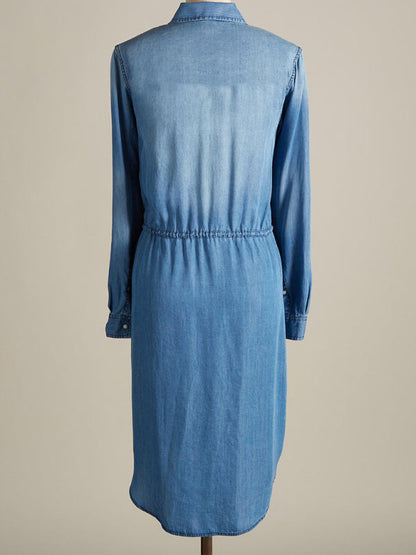 Dress- Retro Chic Women's Casual Denim Cotton Shirt Chambray Off-White Dress- - Pekosa Women Clothing
