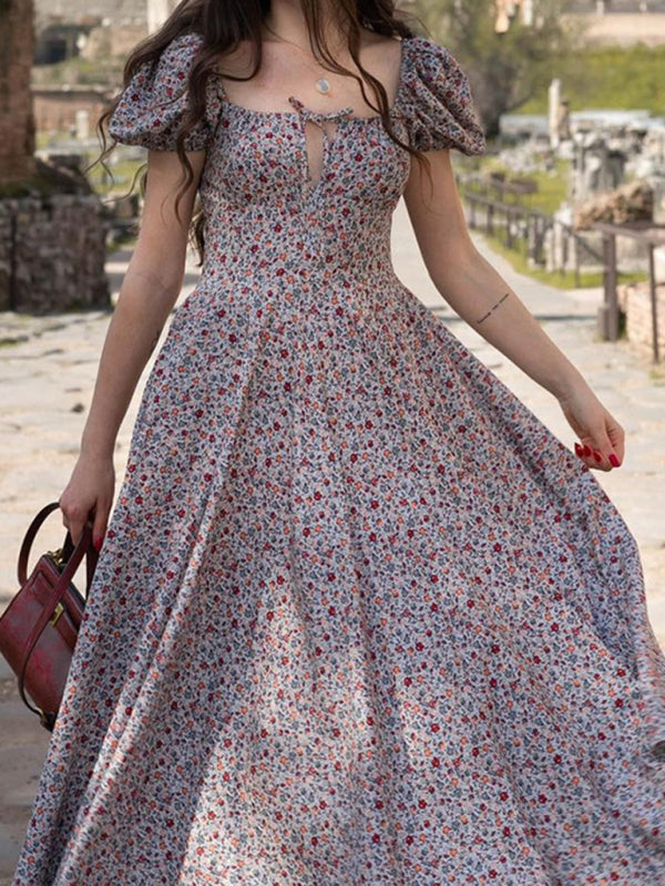 Dress- Romantic Vacation Dress with Adjustable Square Neck and Puff Sleeves- Grey- Pekosa Women Clothing