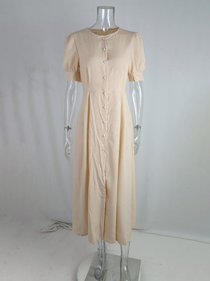 Dress- Solid Buttoned Pleated A-Line Midi Dress- - Pekosa Women Clothing