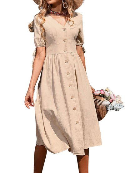 Dress- Solid Color A-Line MIDI Buttoned Dress- - Pekosa Women Clothing