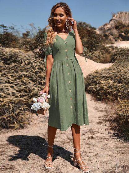 Dress- Solid Color A-Line MIDI Buttoned Dress- - Pekosa Women Clothing