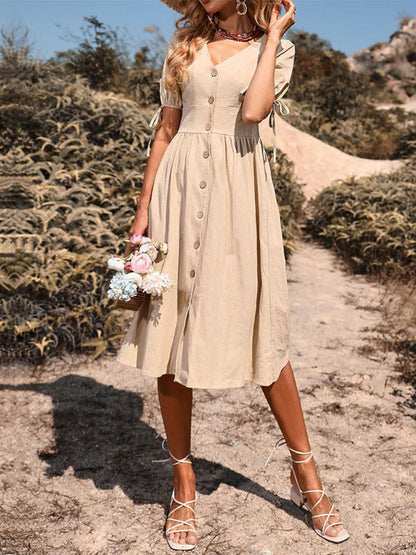 Dress- Solid Color A-Line MIDI Buttoned Dress- - Pekosa Women Clothing