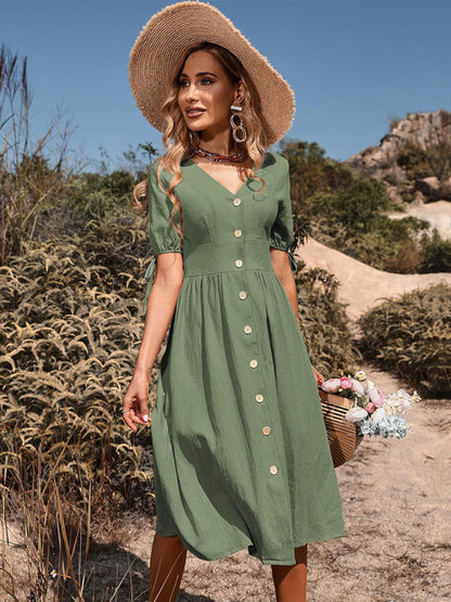 Dress- Solid Color A-Line MIDI Buttoned Dress- - Pekosa Women Clothing