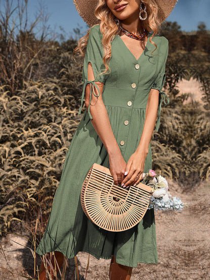 Dress- Solid Color A-Line MIDI Buttoned Dress- - Pekosa Women Clothing