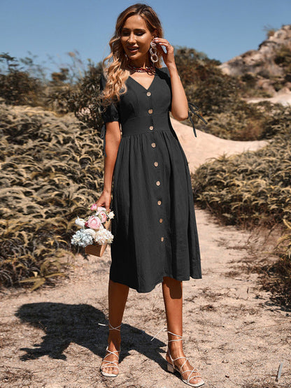 Dress- Solid Color A-Line MIDI Buttoned Dress- - Pekosa Women Clothing