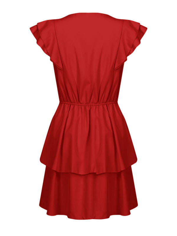 Dress- Solid Double Layer Ruffle Short Sleeve Dress- - Pekosa Women Clothing