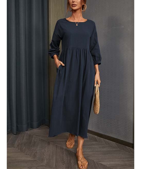 Dress- Solid Flowy Round Neck 3/4 Sleeve Midi Dress- - Pekosa Women Clothing