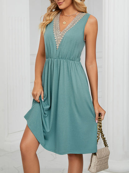 Dress- Solid Lace V-Neck Pocket Tank Dress- Green- Pekosa Women Clothing