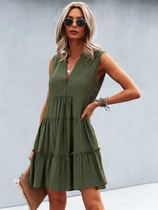 Dress- Solid Sleeveless Dress with Flowy Tiered Skirt and Loose Fit- Olive green- Pekosa Women Clothing