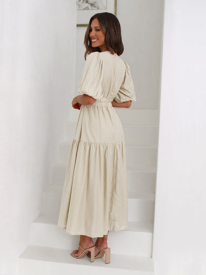 Dress- Solid Tiered Florwy Surplice V-Neck Maxi Dress with Puff Sleeves- - Pekosa Women Clothing