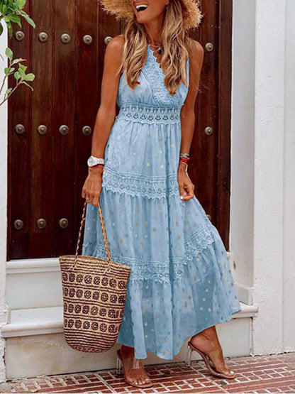 Dress- Summer Tiered Surplice Lace V-Neck Vacation Maxi Dress- Blue- Pekosa Women Clothing