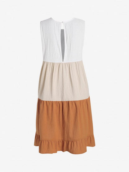 Dress- Textured Color Block Flowy Tiered Ruffle Tank Dress- - Pekosa Women Clothing