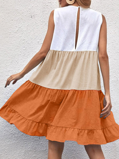 Dress- Textured Color Block Flowy Tiered Ruffle Tank Dress- - Pekosa Women Clothing