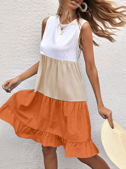 Dress- Textured Color Block Flowy Tiered Ruffle Tank Dress- - Pekosa Women Clothing