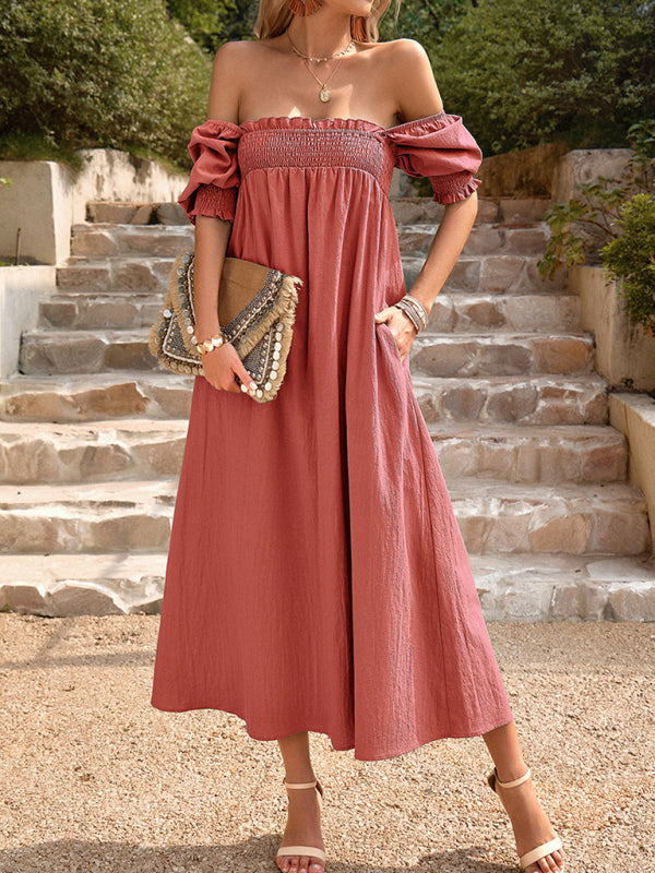 Dress- Textured Cotton Puff Sleeve Smocked Flowy Maxi Dress- Orange- Pekosa Women Clothing