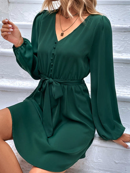 Dresses- Solid A-Line Long Sleeve Waist Tie Mini Dress- - Pekosa Women Clothing