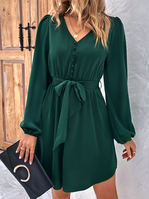 Dresses- Solid A-Line Long Sleeve Waist Tie Mini Dress- - Pekosa Women Clothing