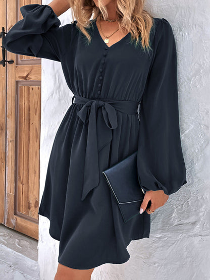 Dresses- Solid A-Line Long Sleeve Waist Tie Mini Dress- - Pekosa Women Clothing