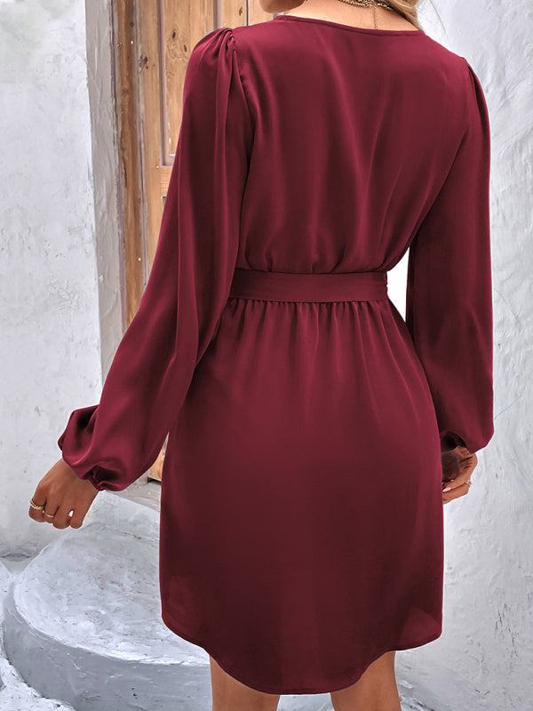 Dresses- Solid A-Line Long Sleeve Waist Tie Mini Dress- - Pekosa Women Clothing