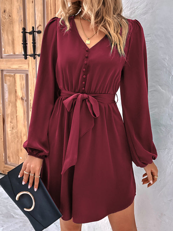 Dresses- Solid A-Line Long Sleeve Waist Tie Mini Dress- - Pekosa Women Clothing