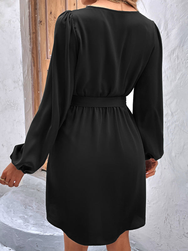 Dresses- Solid A-Line Long Sleeve Waist Tie Mini Dress- - Pekosa Women Clothing