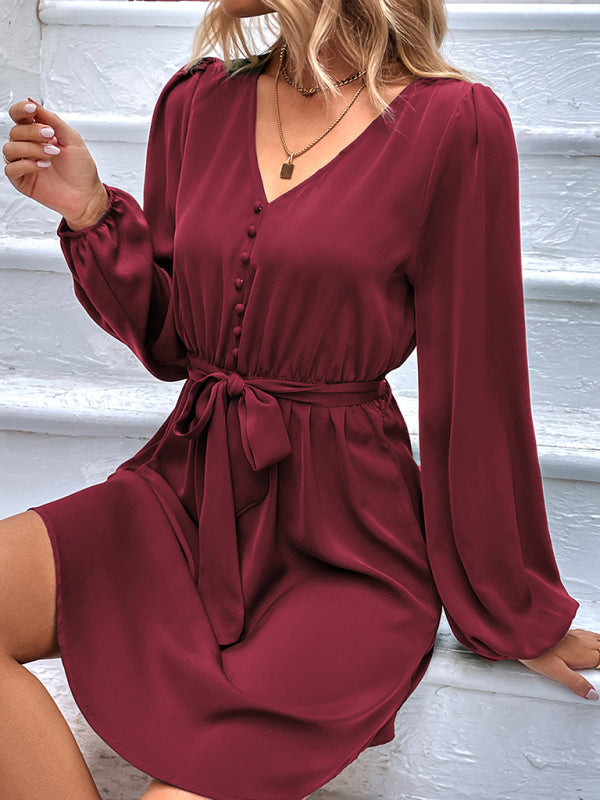 Dresses- Solid A-Line Long Sleeve Waist Tie Mini Dress- Wine Red- Pekosa Women Clothing