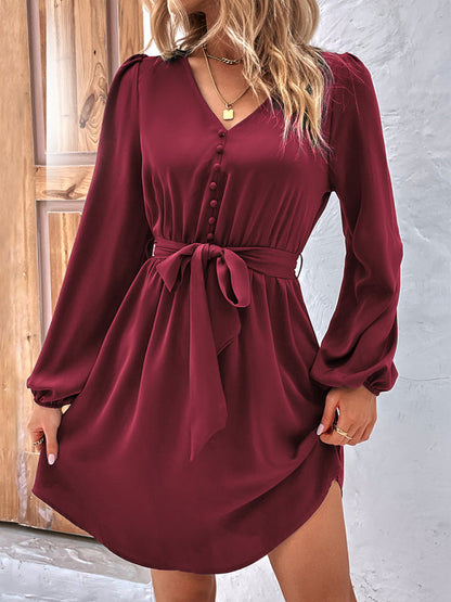 Dresses- Solid A-Line Long Sleeve Waist Tie Mini Dress- - Pekosa Women Clothing