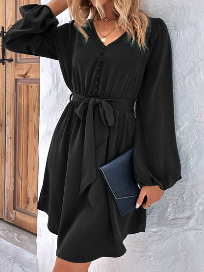 Dresses- Solid A-Line Long Sleeve Waist Tie Mini Dress- - Pekosa Women Clothing