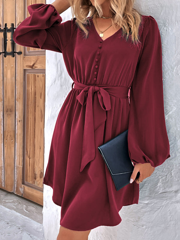 Dresses- Solid A-Line Long Sleeve Waist Tie Mini Dress- - Pekosa Women Clothing