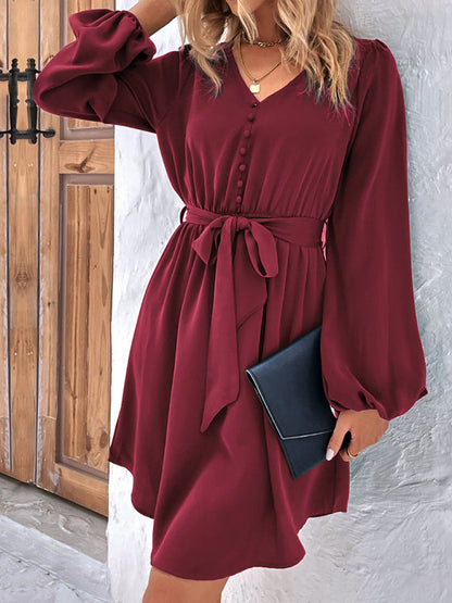 Dresses- Solid A-Line Long Sleeve Waist Tie Mini Dress- - Pekosa Women Clothing