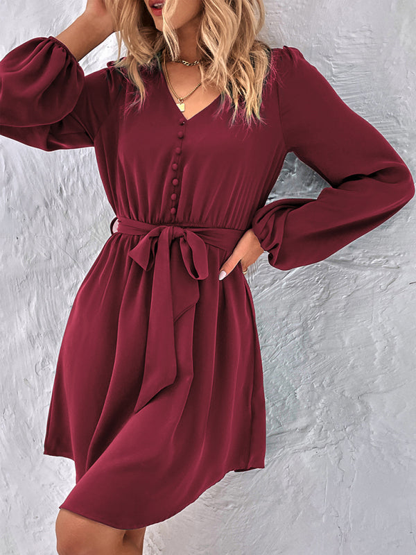 Dresses- Solid A-Line Long Sleeve Waist Tie Mini Dress- - Pekosa Women Clothing